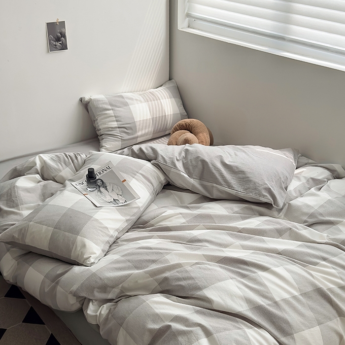 91家纺网 家纺一手货源 找家纺 水洗的故事2025新款A类AB版全棉色织水洗棉四件套 椰灰大格