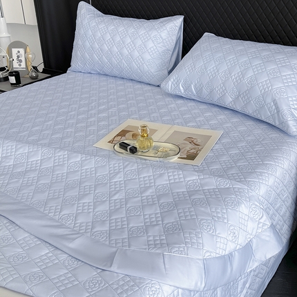 2025轻奢风A类长绒棉夹棉床盖床笠三件套纯色绗绣四季高级感纯色全棉纯棉床上用品 慕蓝