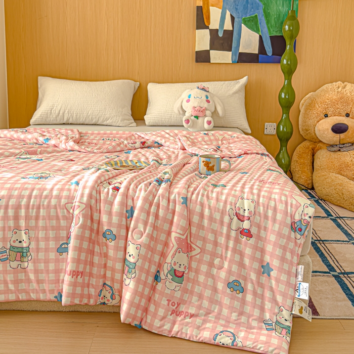 91家纺网 家纺一手货源 找家纺 品乐家纺 2025新款A类针织棉大豆被夏被夏凉被空调被学生被子 粉格小狗