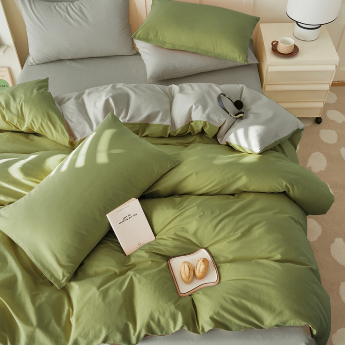 91家纺网 家纺一手货源 找家纺 寐绸家纺 2025新款纯棉水洗棉双拼单被套（自然光） 扶苏绿+毛毯灰