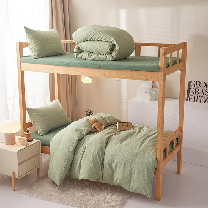 91家纺网 家纺一手货源 找家纺 水洗的故事 2025新款开学季色织水洗棉学生宿舍三件套 西卡绿