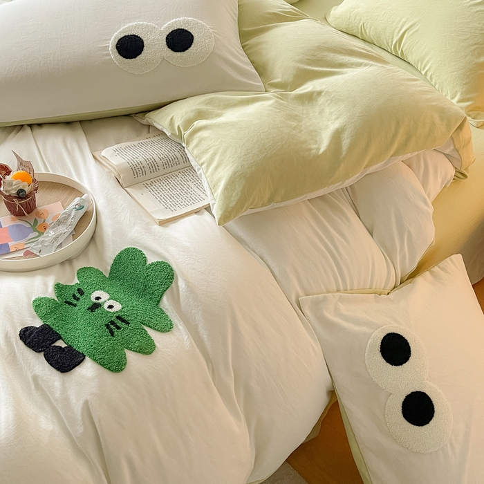 91家纺网 家纺一手货源 找家纺 宜家坊 2025新款卡通水洗棉毛巾绣四件套 幸运树-米白配浅绿