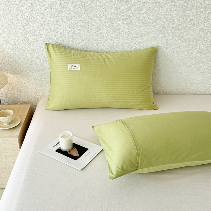 91家纺网 家纺一手货源 找家纺 眠博士 2025新款高支高密60支全棉条纹提花单枕套 枕套-提花豆绿
