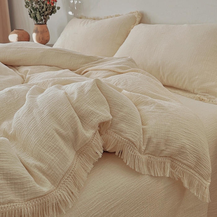 91家纺网 家纺一手货源 找家纺 2025【A类纯棉皱皱纱流苏四件套】日式无印全棉双层纱皱皱纱良品流苏款四件套床品被套纯色A类件套