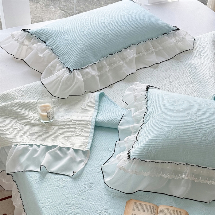 91家纺网 家纺一手货源 找家纺 金喜 2025新款韩版木棉纯色床盖双层蕾丝边夹棉床盖-星梦系列 星梦-蔚蓝