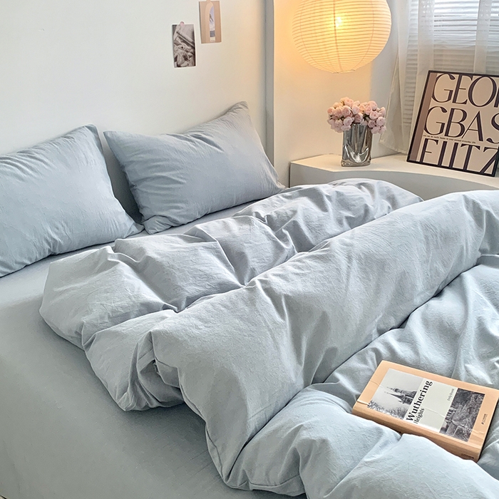 91家纺网 家纺一手货源 找家纺 水洗的故事 2025新款色织水洗棉多巴胺纯色款四件套 浅蓝素色