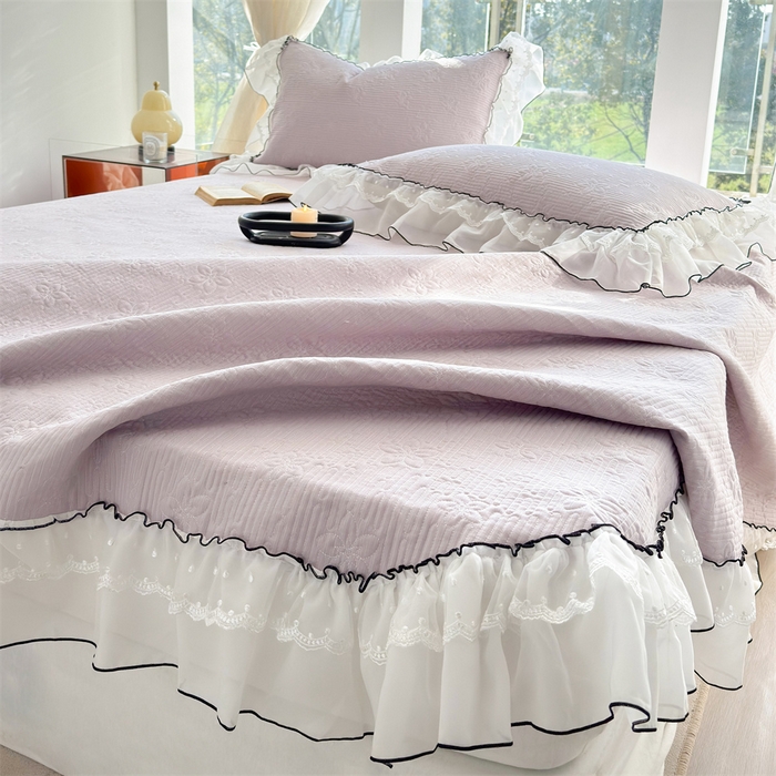 91家纺网 家纺一手货源 找家纺 金喜 2025新款韩版木棉纯色床盖双层蕾丝边夹棉床盖-星梦系列 星梦-芋泥