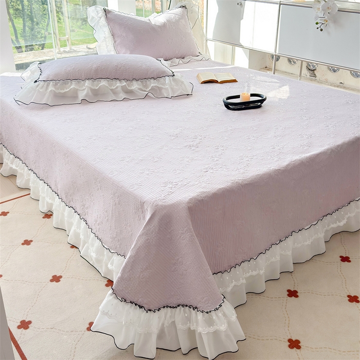 91家纺网 家纺一手货源 找家纺 金喜 2025新款韩版木棉纯色床盖双层蕾丝边夹棉床盖-星梦系列 星梦-芋泥