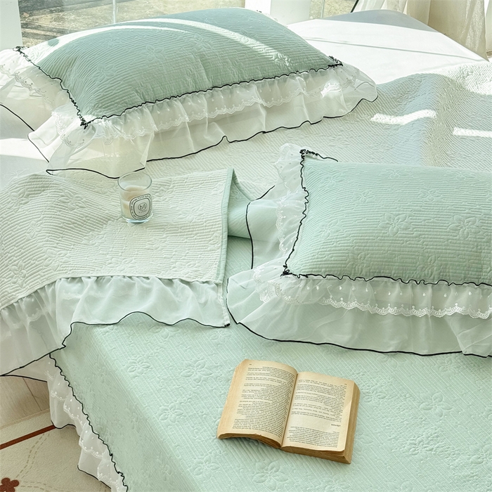 91家纺网 家纺一手货源 找家纺 金喜 2025新款韩版木棉纯色床盖双层蕾丝边夹棉床盖-星梦系列 星梦-水绿