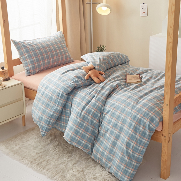 91家纺网 家纺一手货源 找家纺 水洗的故事 2025新款开学季色织水洗棉学生宿舍三件套 印象兰