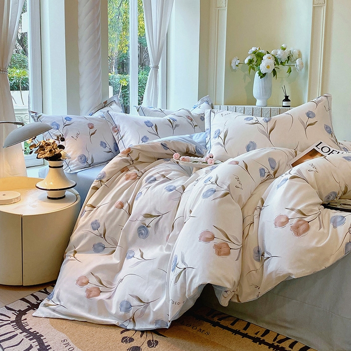 91家纺网 家纺一手货源 找家纺 梧桐树 2025新款100%全棉13372加厚印花四件套 A25浅浅花漾