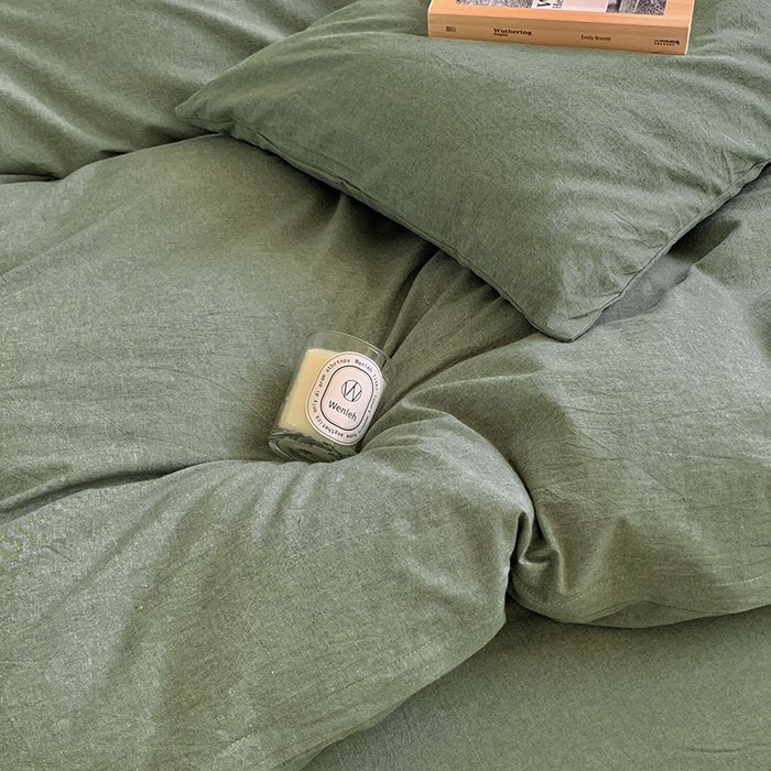 91家纺网 家纺一手货源 找家纺 水洗的故事 2025新款色织水洗棉多巴胺纯色款四件套 绿素色