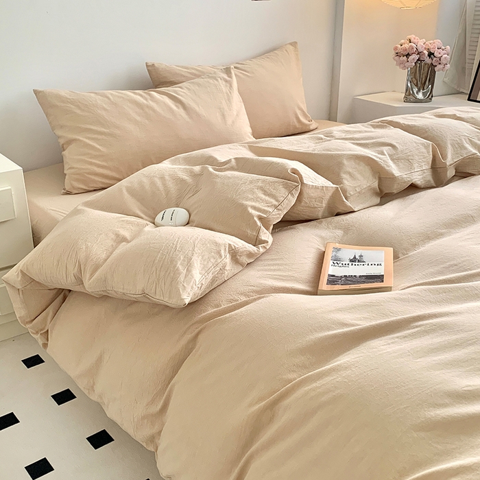 91家纺网 家纺一手货源 找家纺 水洗的故事 2025新款色织水洗棉多巴胺纯色款四件套 米素色