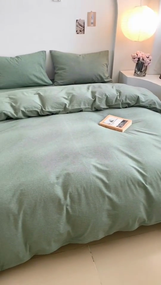 91家纺网 家纺一手货源 找家纺 水洗的故事 2025新款色织水洗棉多巴胺纯色款四件套 绿素色