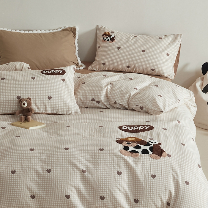 91家纺网 家纺一手货源 找家纺 怡家居 2025新款全棉双层纱可爱卡通毛巾绣四件套 欢乐狗