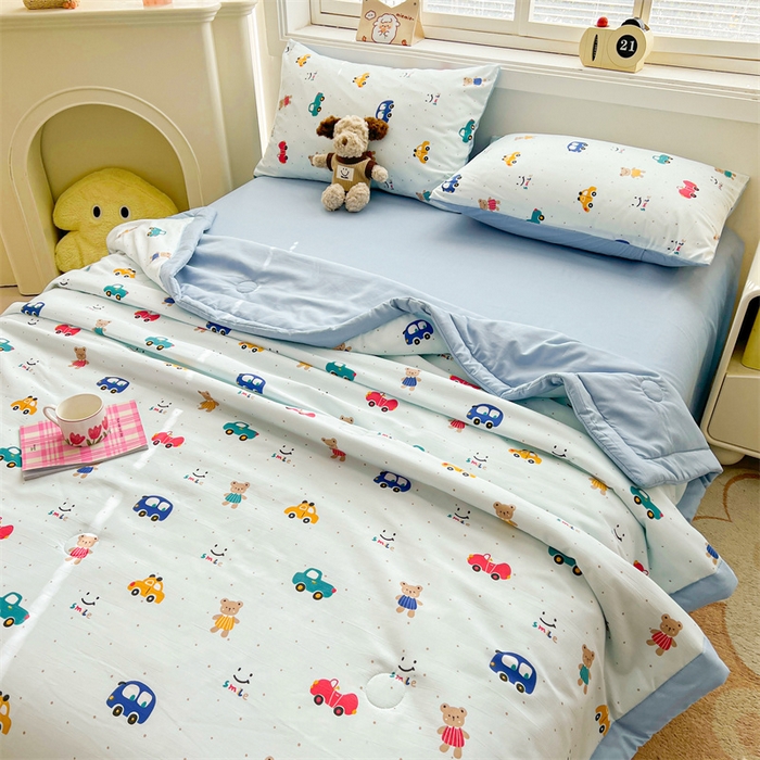 91家纺网 家纺一手货源 找家纺 秋泽家纺 2025春夏新款水洗棉双层纱大豆纤维夏被夏凉被空调被 汽车派对