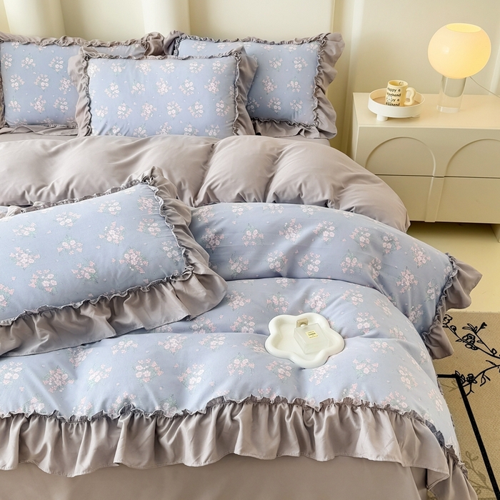 91家纺网 家纺一手货源 找家纺 金米诺 2025新款韩版有氧针织棉双层纱四件套 花俏