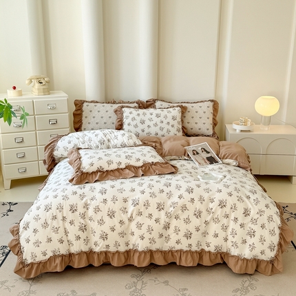 91家纺网 家纺一手货源 找家纺 金米诺 2025新款韩版有氧针织棉双层纱四件套 暖日回忆