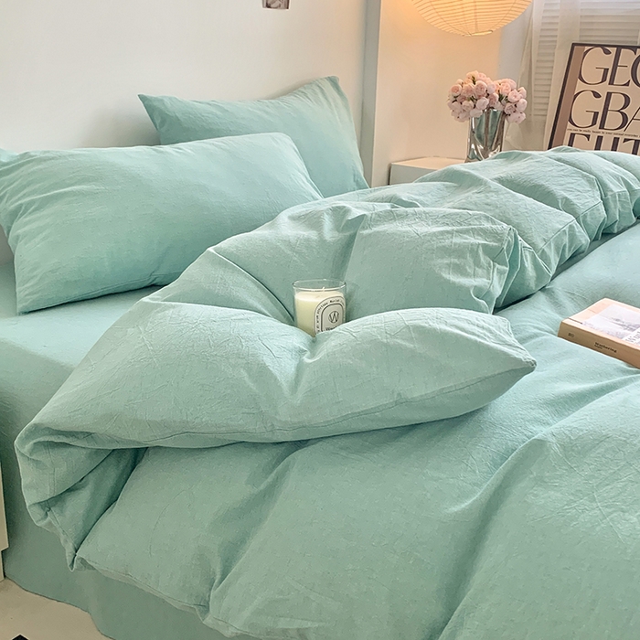 91家纺网 家纺一手货源 找家纺 水洗的故事 2025新款色织水洗棉多巴胺纯色款四件套 湖绿