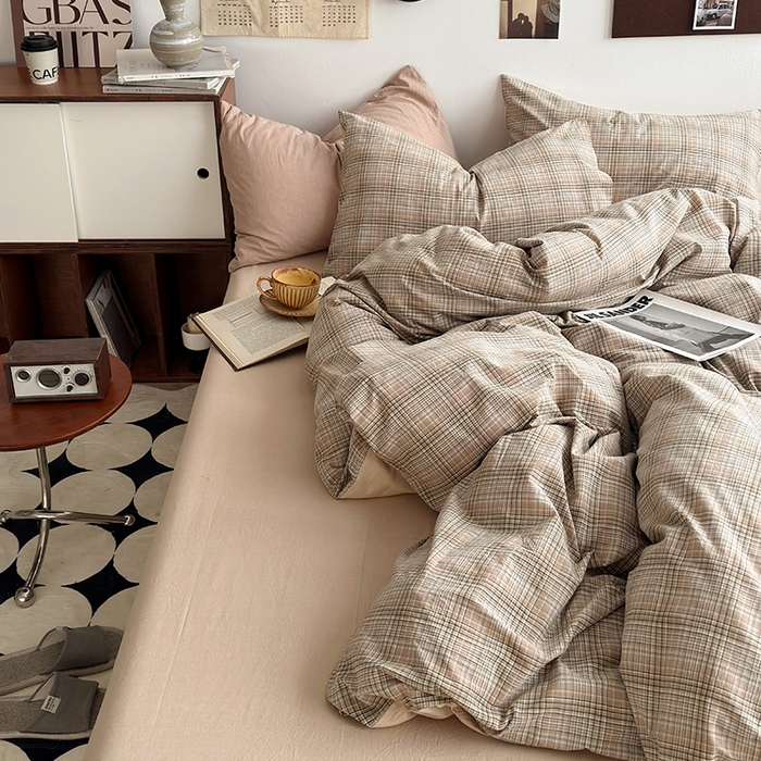 91家纺网 家纺一手货源 找家纺 水洗的故事2025新款A类AB版全棉色织水洗棉四件套 仙米格-棕