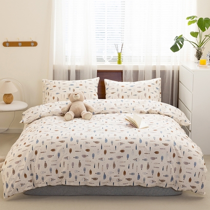 91家纺网 家纺一手货源 找家纺 绫韵2025春夏新款ins清新卡通碎花全棉13372精梳纯棉四件套系列 鱼多多