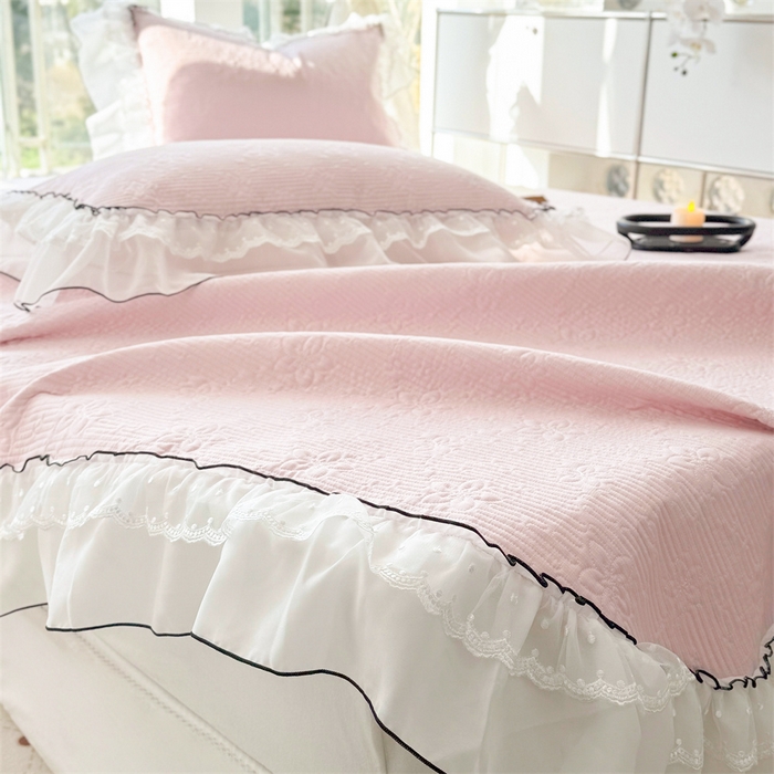 91家纺网 家纺一手货源 找家纺 金喜 2025新款韩版木棉纯色床盖双层蕾丝边夹棉床盖-星梦系列 星梦-桃夭