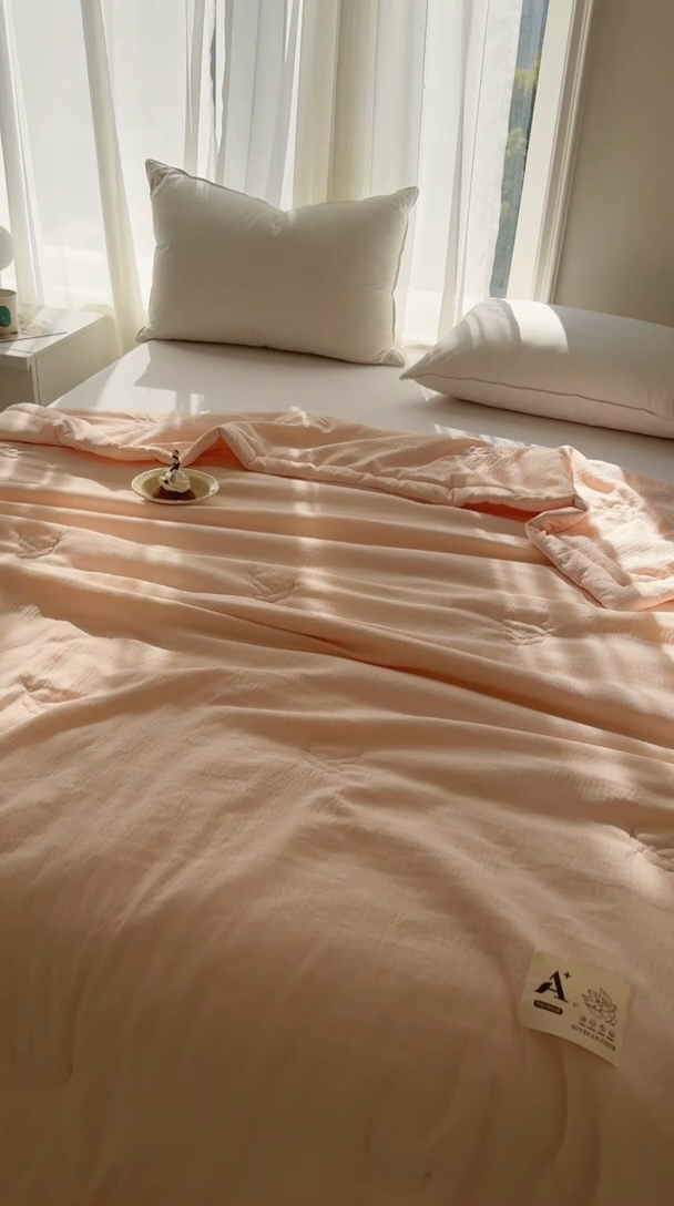 91家纺网 家纺一手货源 找家纺 丹本家纺 2025新款母婴级A类无印风超柔宝宝纱大豆夏凉被 浅杏粉