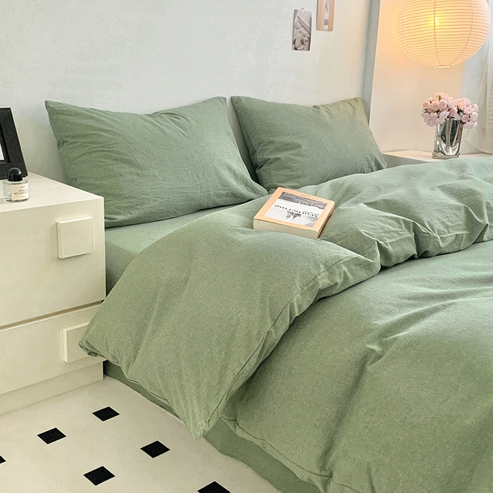 91家纺网 家纺一手货源 找家纺 水洗的故事 2025新款色织水洗棉多巴胺纯色款四件套 绿素色