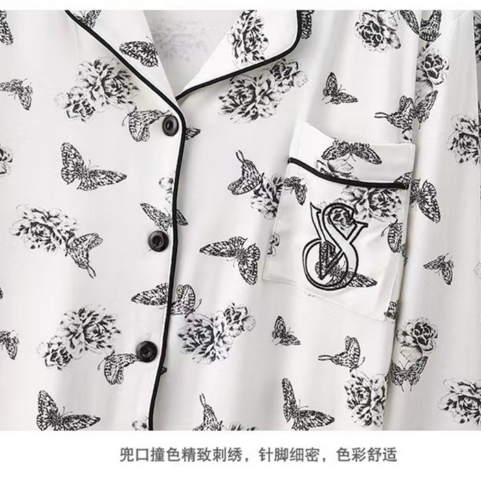 91家纺网 家纺一手货源 找家纺 （总）洛兰沙家居馆【只代发】【只代发】2025新款跨境春秋款莫代尔蝴蝶印花睡衣女长袖长裤开衫翻领大码家居服套装 
