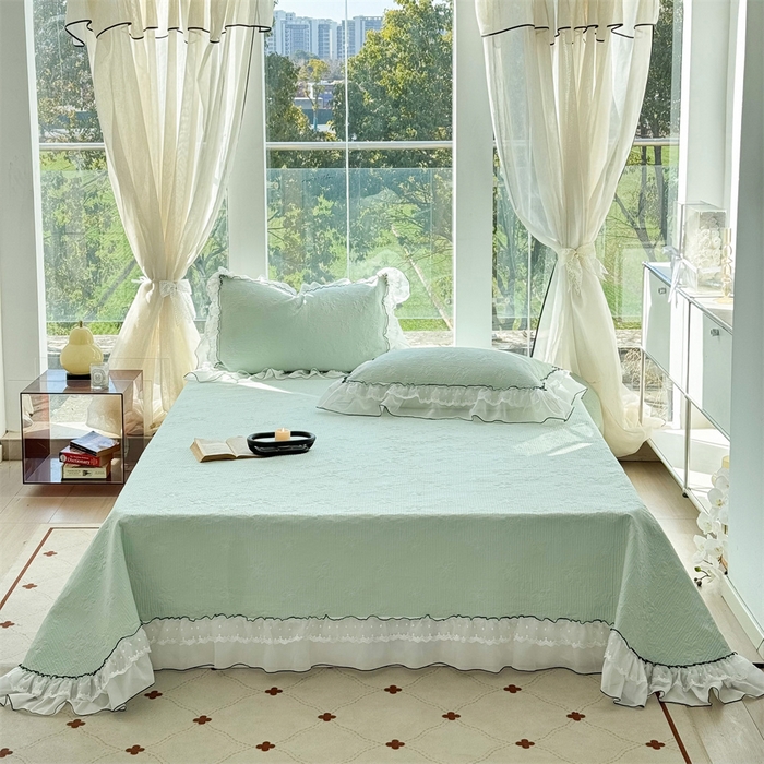 91家纺网 家纺一手货源 找家纺 金喜 2025新款韩版木棉纯色床盖双层蕾丝边夹棉床盖-星梦系列 星梦-水绿