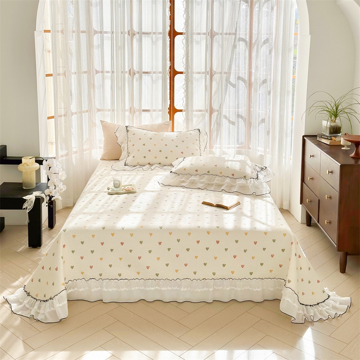 91家纺网 家纺一手货源 找家纺 （总）金喜 2025新款韩版木棉印花小清新床盖双层蕾丝边夹棉床盖-小清新系列