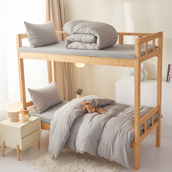 91家纺网 家纺一手货源 找家纺 水洗的故事 2025新款开学季色织水洗棉学生宿舍三件套 赫本灰