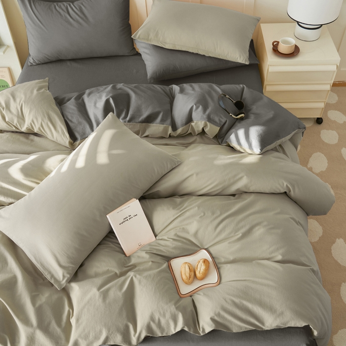 91家纺网 家纺一手货源 找家纺 寐绸家纺 2025新款纯棉水洗棉双拼单被套（自然光） 毛毯灰+宝藏灰