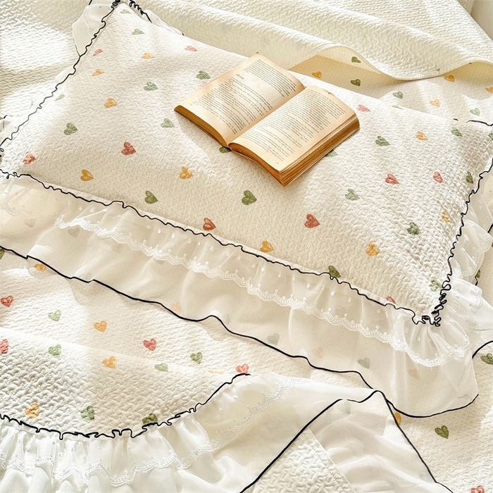 91家纺网 家纺一手货源 找家纺 （总）金喜 2025新款韩版木棉印花小清新床盖双层蕾丝边夹棉床盖-小清新系列