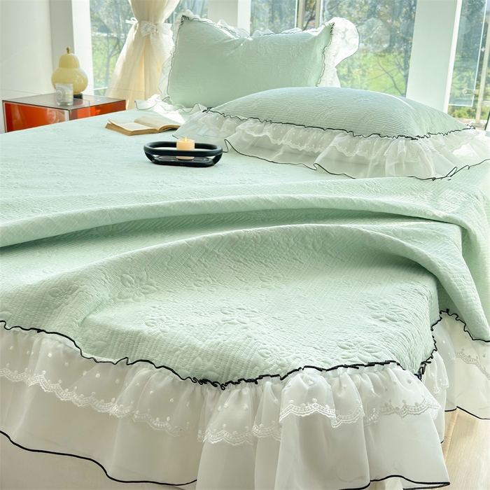 91家纺网 家纺一手货源 找家纺 金喜 2025新款韩版木棉纯色床盖双层蕾丝边夹棉床盖-星梦系列 星梦-水绿