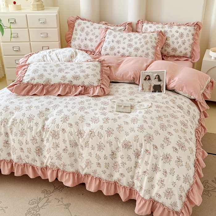 91家纺网 家纺一手货源 找家纺 金米诺 2025新款韩版有氧针织棉双层纱四件套 晨汐