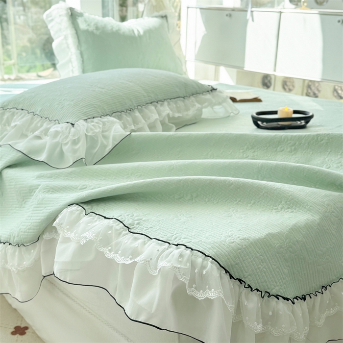 91家纺网 家纺一手货源 找家纺 金喜 2025新款韩版木棉纯色床盖双层蕾丝边夹棉床盖-星梦系列 星梦-水绿