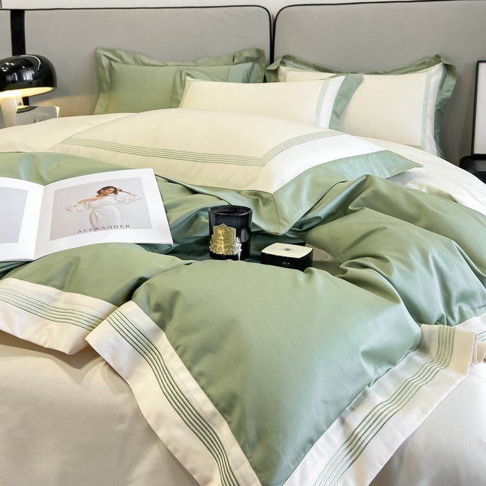 91家纺网 家纺一手货源 找家纺 桃园 2025新款纯棉全棉长绒棉刺绣绣花高端礼盒四件套-莱卡 莱卡牛油果绿