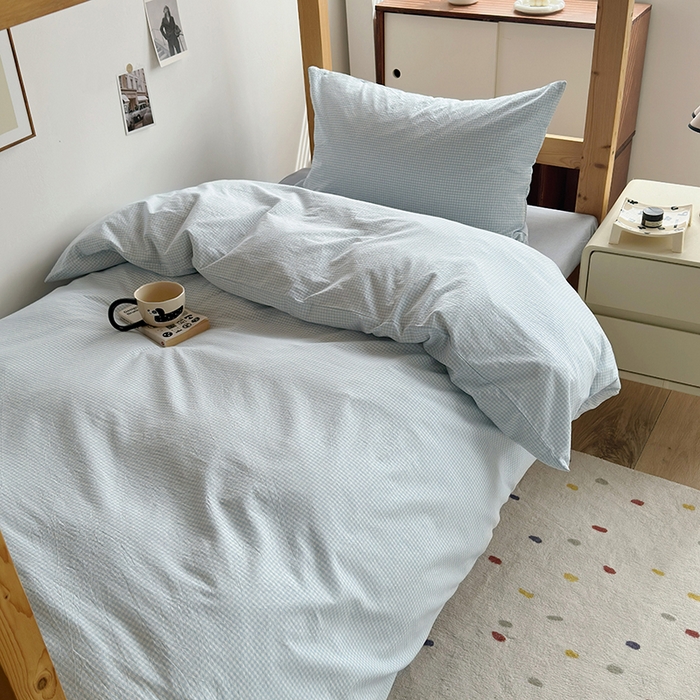 91家纺网 家纺一手货源 找家纺 水洗的故事 2025新款A类色织水洗棉学生三件套 小小格兰-