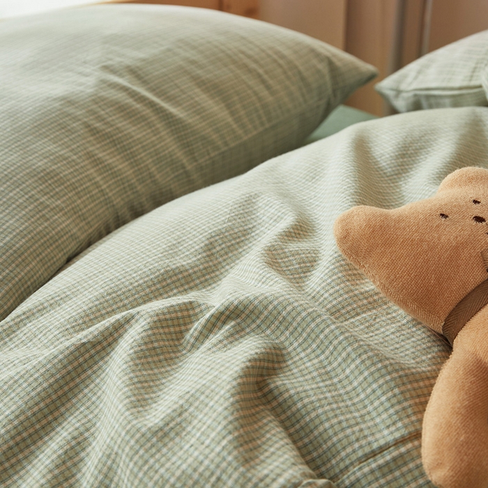 91家纺网 家纺一手货源 找家纺 水洗的故事 2025新款开学季色织水洗棉学生宿舍三件套 西卡绿