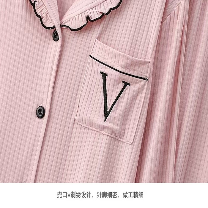 91家纺网 家纺一手货源 找家纺 （总）洛兰沙家居馆【只代发】【只代发】2025新款外贸欧美风8*5宽坑条莫代尔睡衣女春夏秋开衫翻领长袖长裤家居服