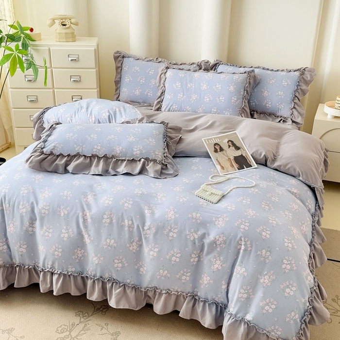 91家纺网 家纺一手货源 找家纺 金米诺 2025新款韩版有氧针织棉双层纱四件套 花俏