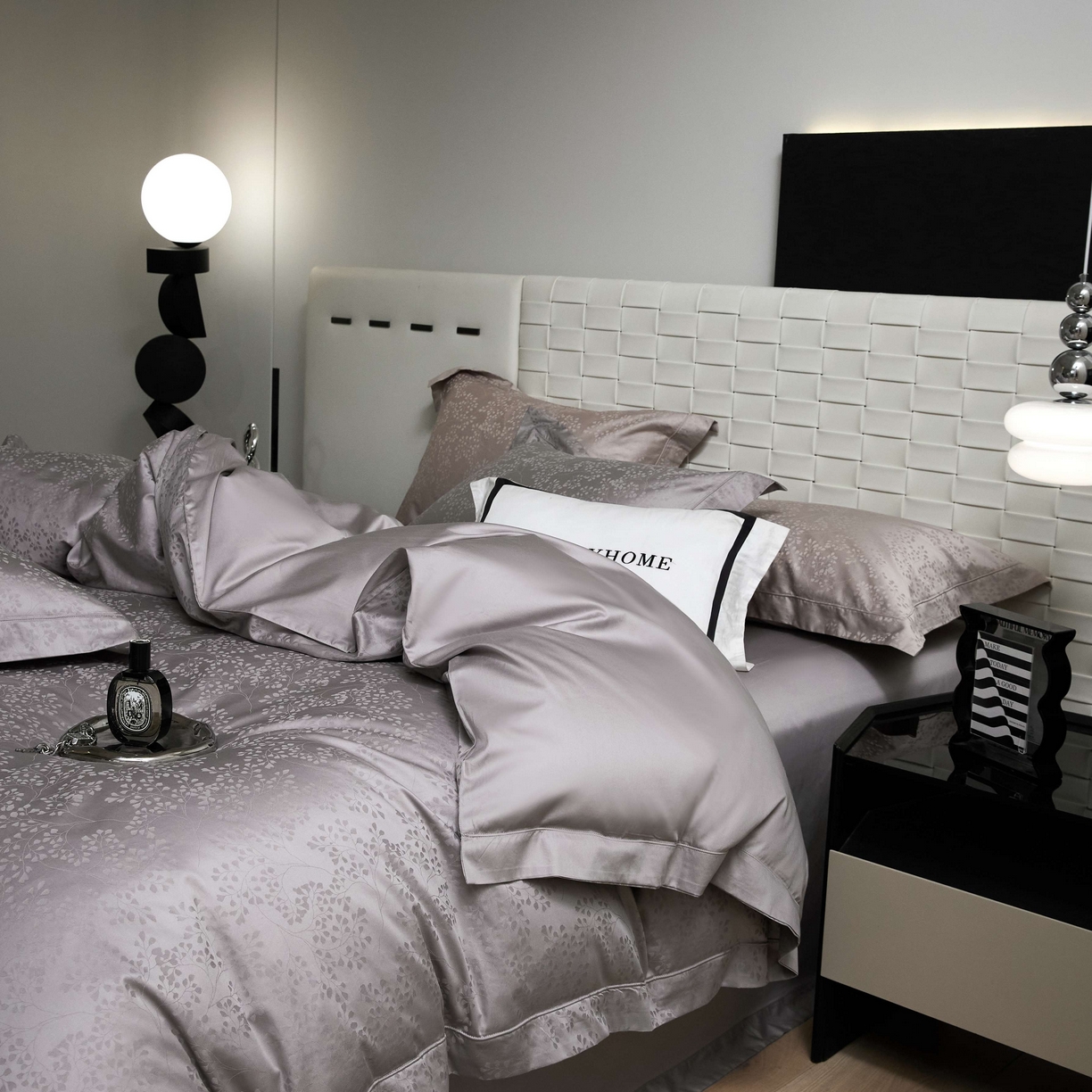 91家纺网 家纺一手货源 找家纺 榻尚家居 2025春夏新款长绒棉全棉纯棉贡缎提花手工立体埋绳工艺四件套 写意之美-高级灰