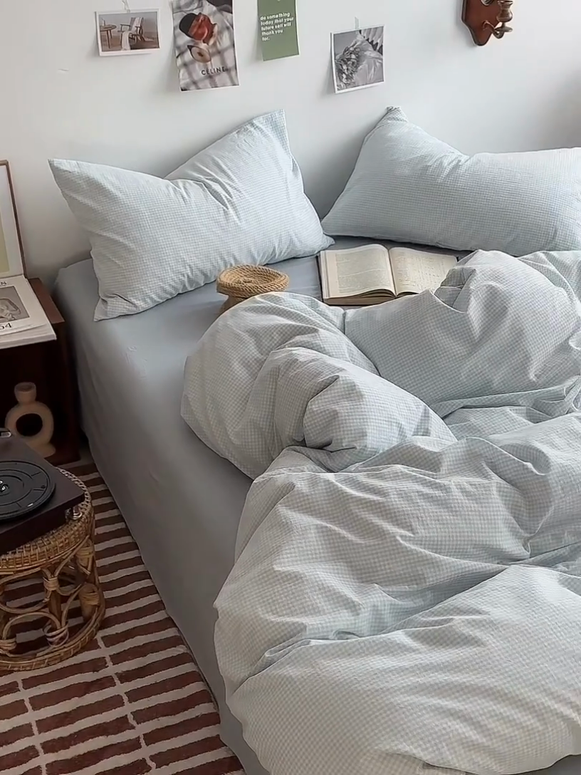 91家纺网 家纺一手货源 找家纺 水洗的故事 2025新款无印良品水洗棉四件套 小小格蓝