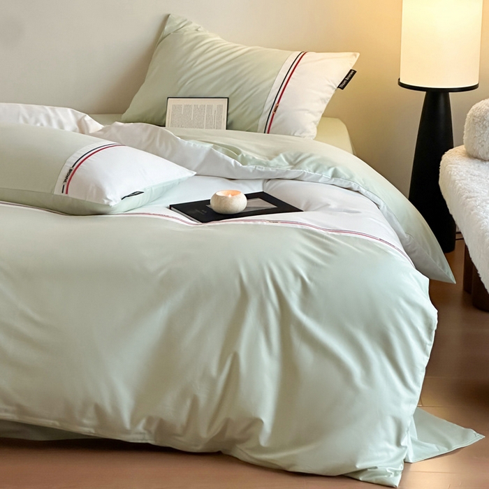 91家纺网 家纺一手货源 找家纺 2025【A类全棉绣花四件套】布朗款日式无印A类拼接四件套良品全棉床品件套纯色纯棉高端绣花四件套