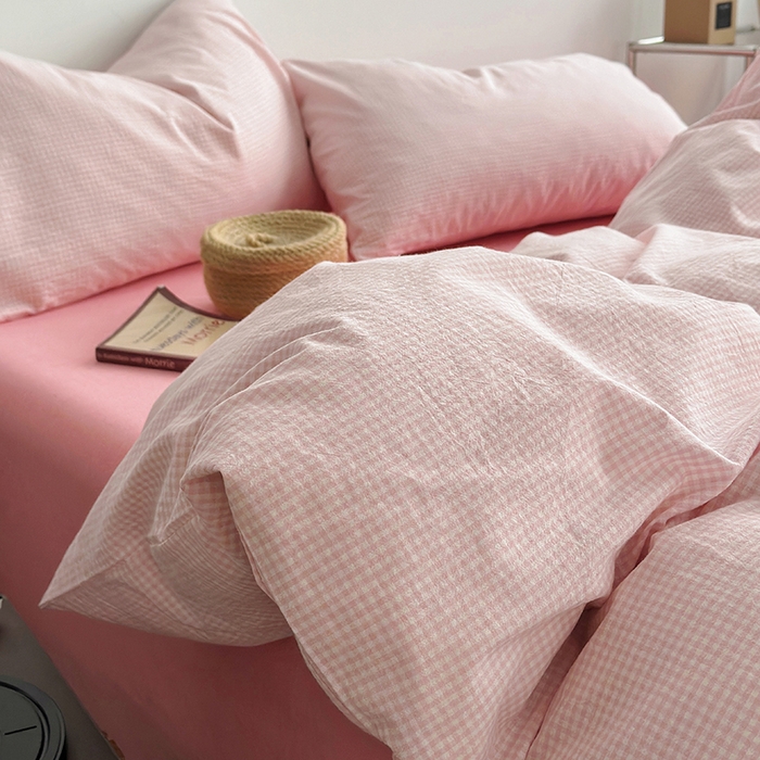 91家纺网 家纺一手货源 找家纺 水洗的故事 2025新款无印良品水洗棉四件套 小小格粉