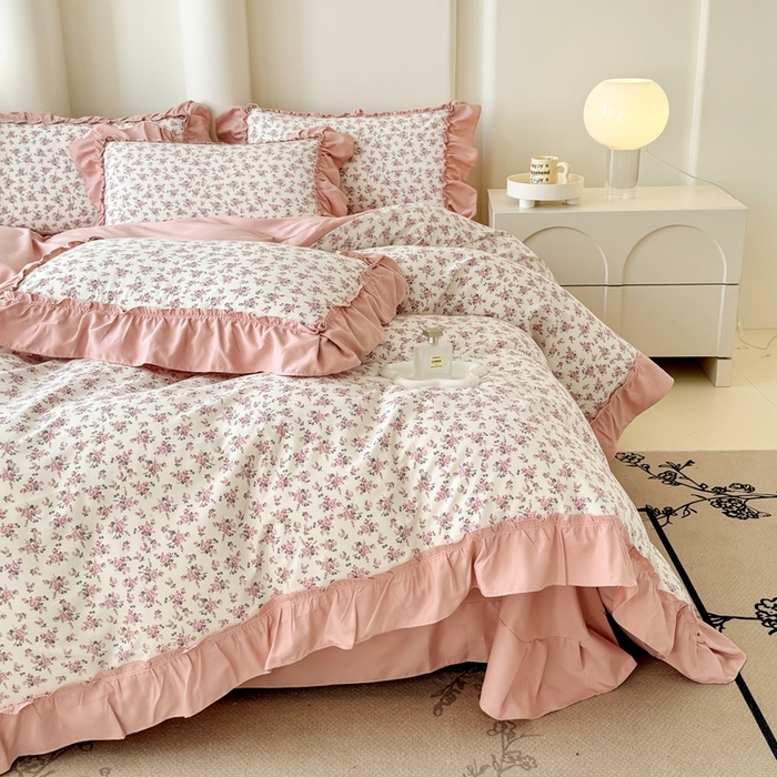 91家纺网 家纺一手货源 找家纺 金米诺 2025新款韩版有氧针织棉双层纱四件套 花境