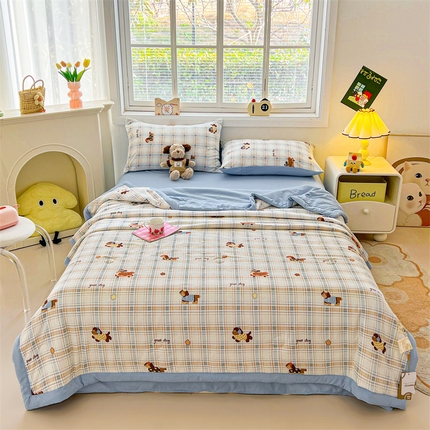 91家纺网 家纺一手货源 找家纺 秋泽家纺 2025春夏新款水洗棉双层纱大豆纤维夏被夏凉被空调被 腊肠萌狗