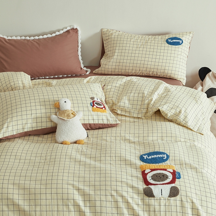 91家纺网 家纺一手货源 找家纺 怡家居 2025新款全棉双层纱可爱卡通毛巾绣四件套 薯条仔