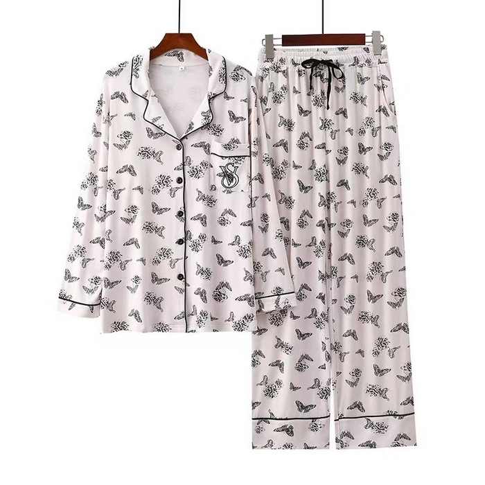 91家纺网 家纺一手货源 找家纺 洛兰沙家居馆【只代发】【只代发】2025新款跨境春秋款莫代尔蝴蝶印花睡衣女长袖长裤开衫翻领大码家居服套装  蝴蝶粉色